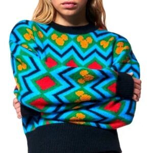 Zara Jacquard Knit Mickey Disney Sweater Size L Blue Green Yellow Blogger Fave